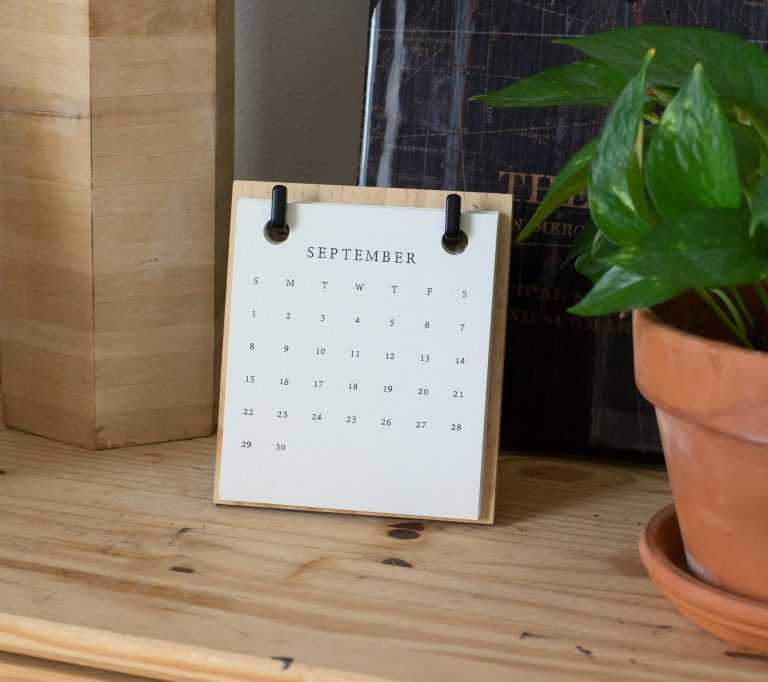 Wall calendar on a shelf beside a green potted plant